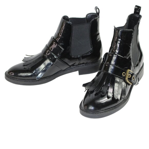 Marc Fisher Brigita Chelsea Kiltie Black Patent Buckle Pull On Boot, Size 7 - Picture 7 of 9